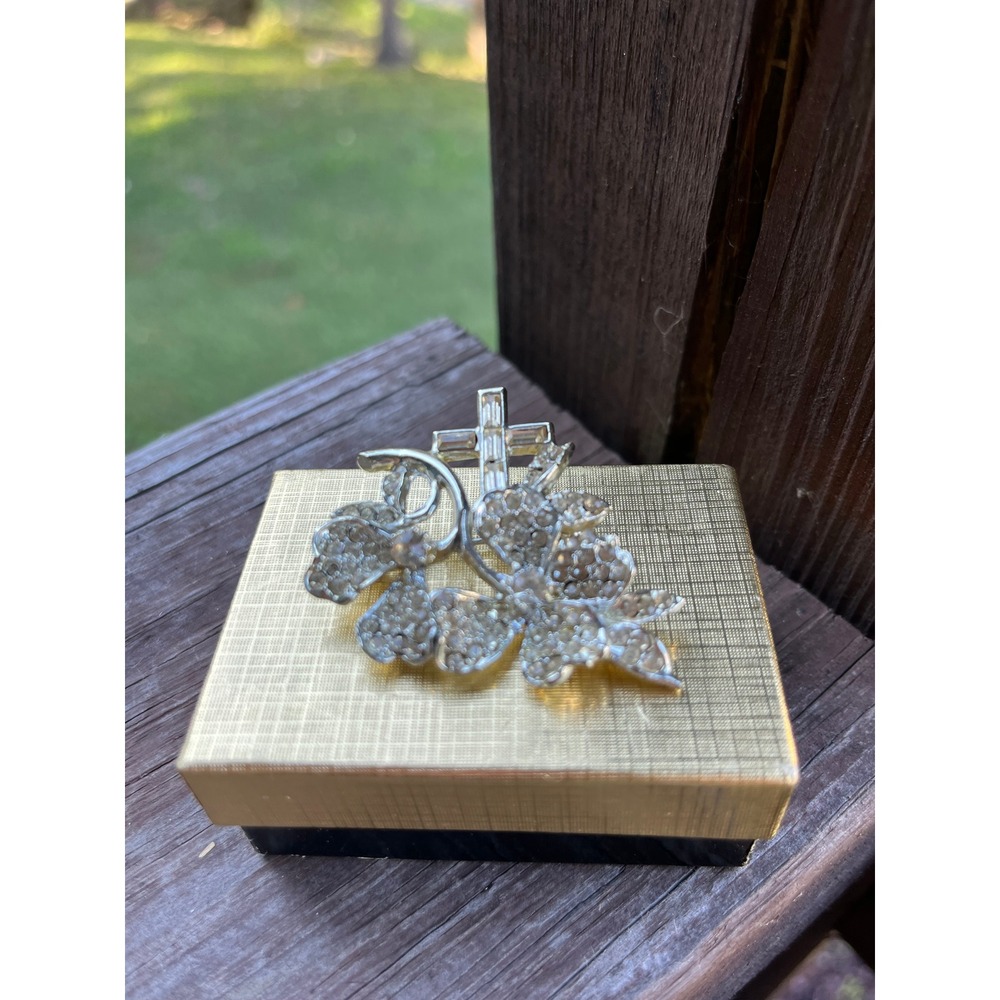 Vintage Cross Floral Brooch Rhinestone Silver Tone Religious Pin 1970s